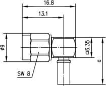 SMA wtyk zagniatany kątowy na kabel RG142/223/400, niklowany