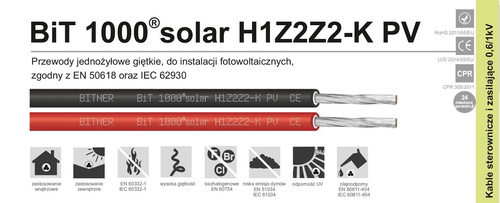 Solarny kabel miedziany 1m 1x6mm2 CZERWONY BiT 1000®solar H1Z2Z2-K PV